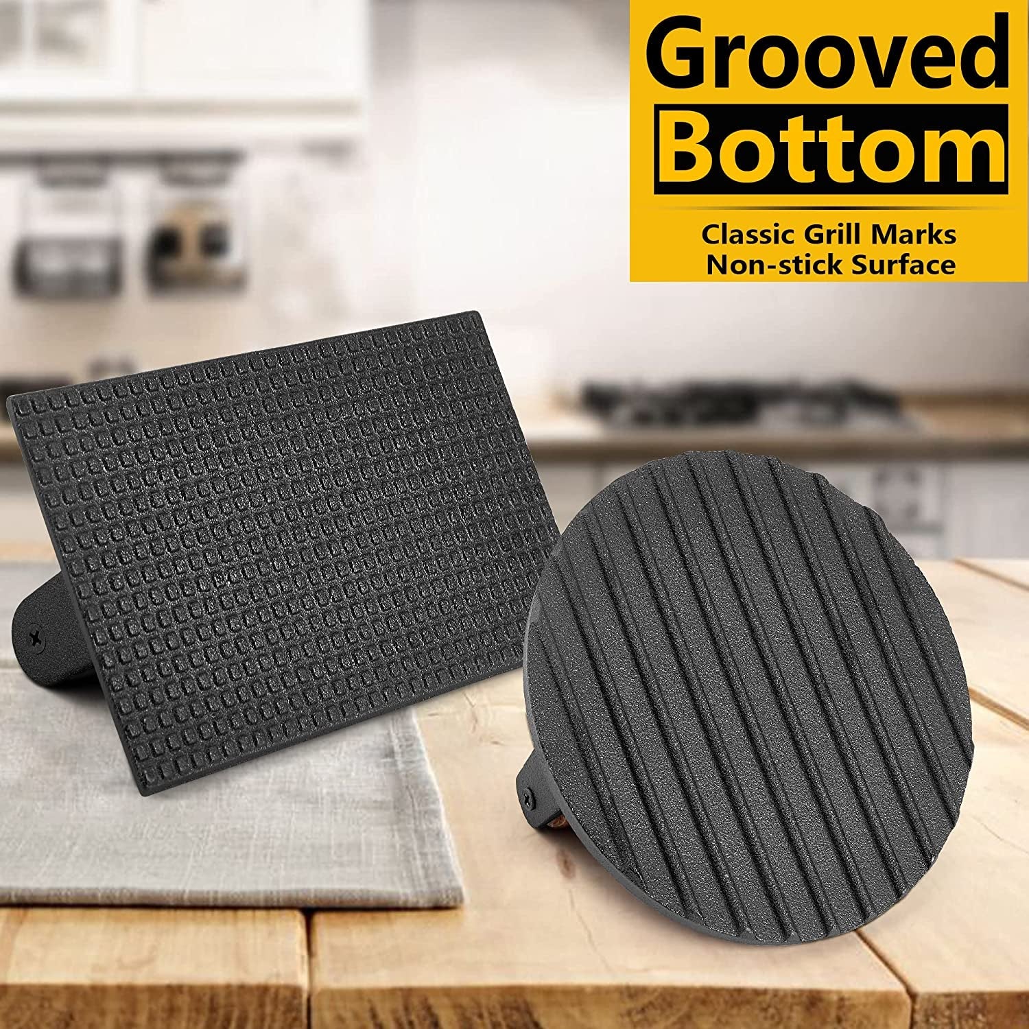 Leonyo 2Pcs Smash Burger Press. Bacon Press for Griddle. round Cast Iron Grill Press for Flat Top Grill. Rectangular Hamburger Smasher for Griddle. Food Meat Press for Steak. Sandwich. Nonstick Pan - Image 4