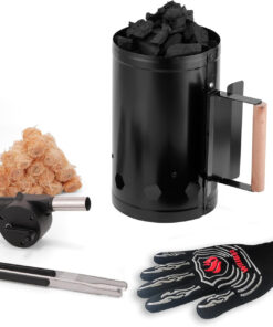 Charcoal Chimney Starter. Heavy Duty Premium Chimney Starter for Charcoal Grills BBQ Accessory with Heat Resistant Wooden Handle for Outdoor Grill Camping (‌Black)