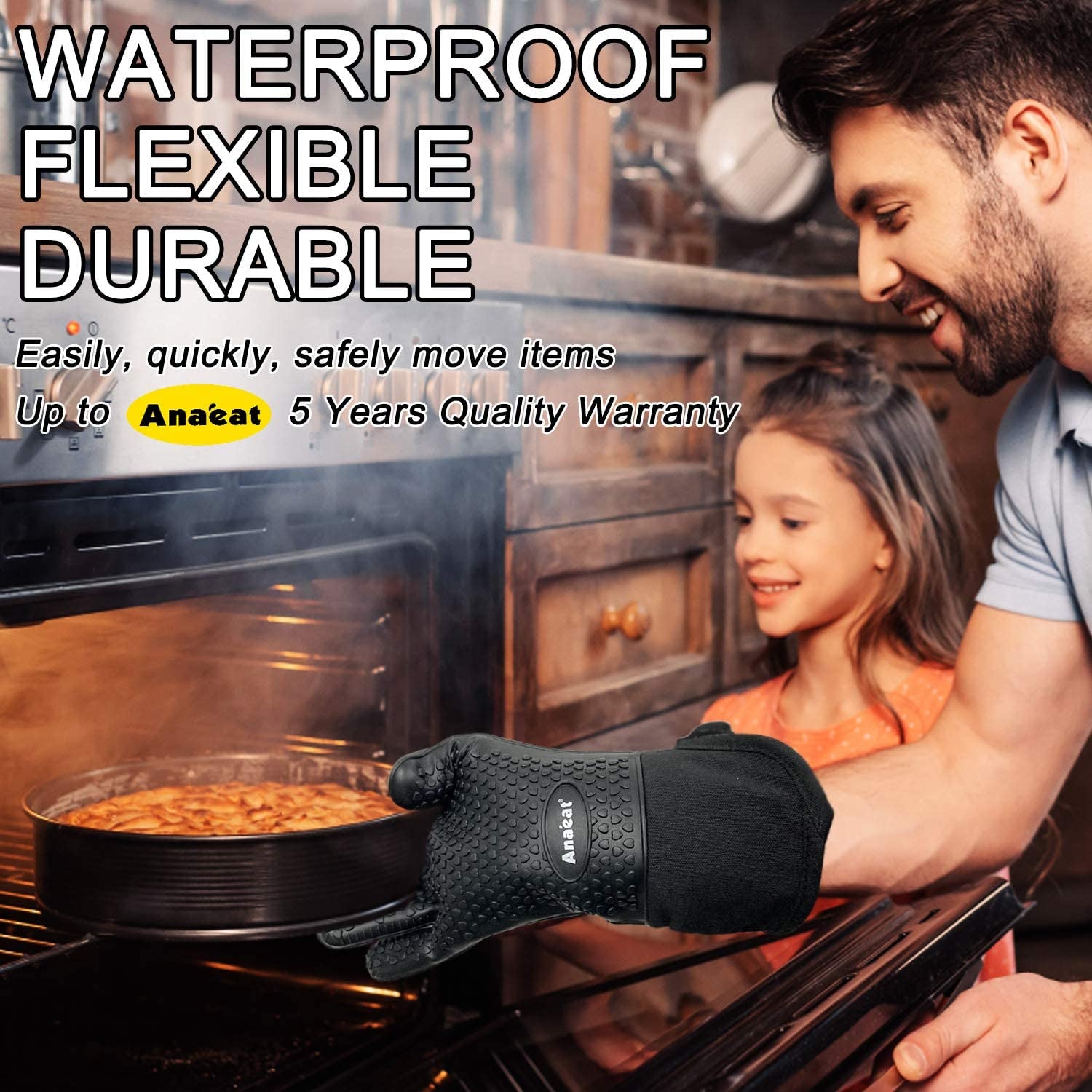 Anaeat BBQ Grilling Gloves Heat Resistant. Versatile Waterproof Cooking Gloves - 100% Cotton Lining Silicone Oven Mitts. Flexible Potholder for Barbecue. Baking - Thick Long Wrist Protection (Black) - Image 3