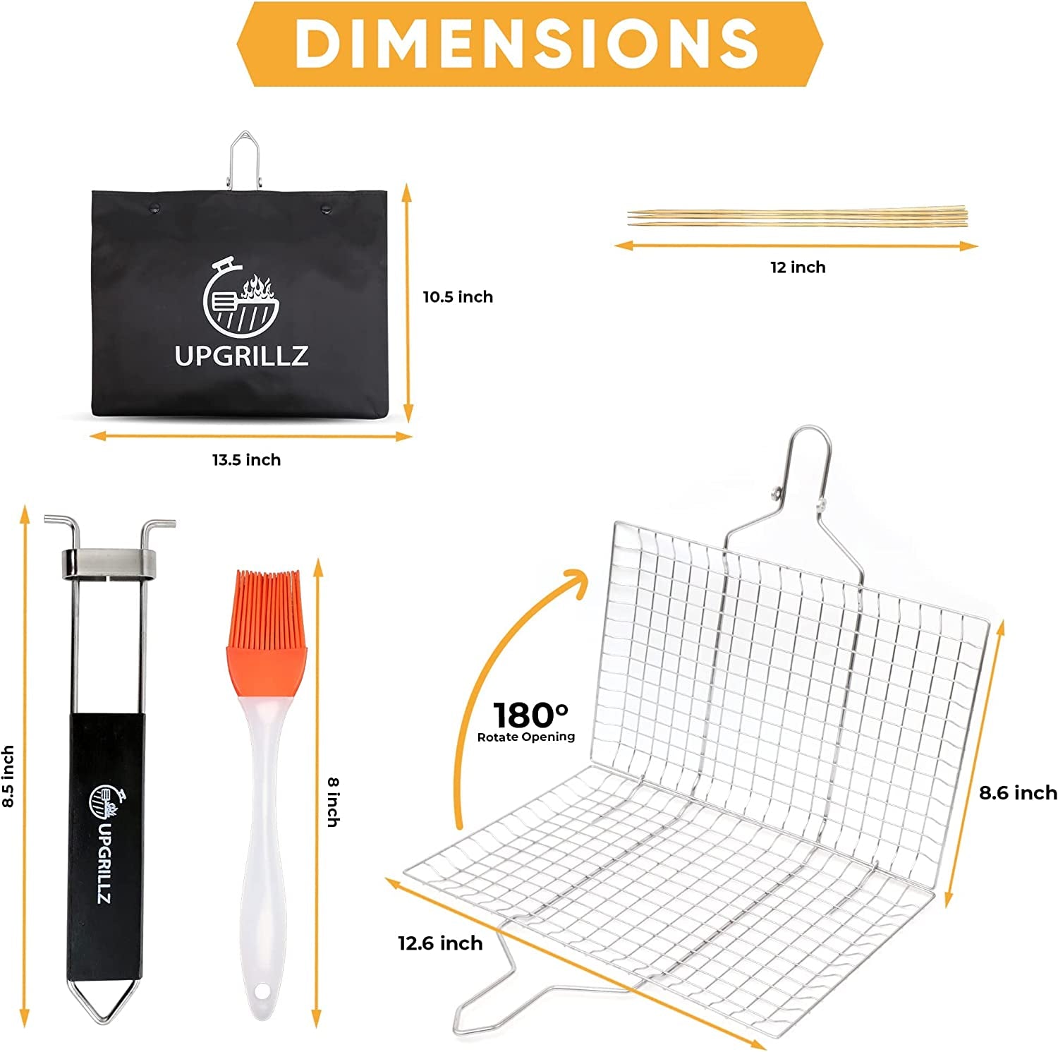 BBQ Fish Grill Basket for Outdoor Grill. Stainless Steel Vegetable Grilling Basket with Detachable and Foldable Handle Includes 50 Bamboo Skewers. Basting Brush. and Carry Bag - Image 2