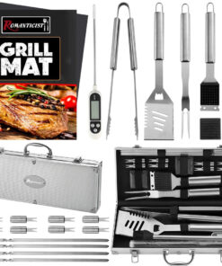 ROMANTICIST 23Pc Must-Have BBQ Grill Accessories Set with Thermometer in Case - Stainless Steel Barbecue Tool Set with 2 Grill Mats for Backyard Outdoor Camping - Best Grill Gift for on Birthday