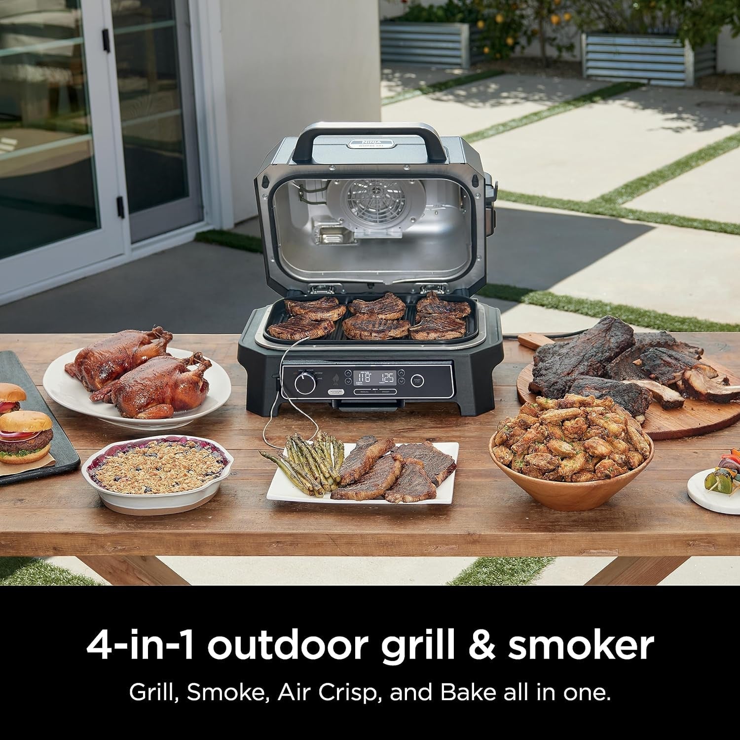 OG850 Woodfire Pro XL Outdoor Grill & Smoker with Built-In Thermometer. 4-In-1 Master Grill. BBQ Smoker. Outdoor Air Fryer. Bake. Portable. Electric. Blue - Image 5