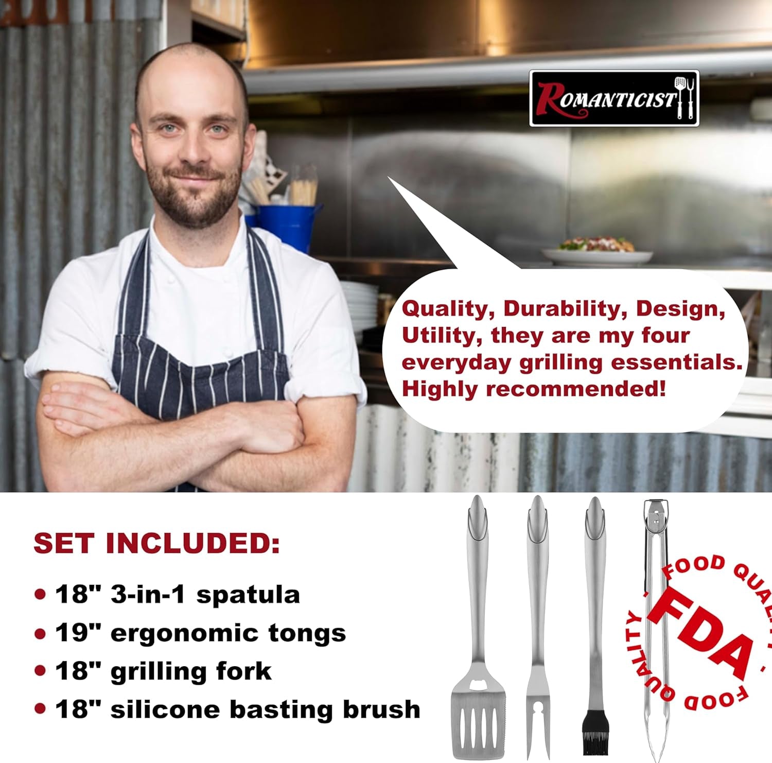 ROMANTICIST 4Pc Heavy Duty Grill Accessories for Top Chef - Professional Grill Tools Set & Basic BBQ Tools for Backyard Restaurant Outdoor Kitchen - Deluxe Grill Gift for Dad on Father'S Day Birthday - Image 2