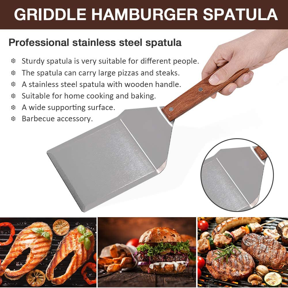 Stainless Steel Griddle Hamburger Spatula with Strong Wooden Handle. 13.5 X 5 Inches. Heavy Duty Spatula Turner with a Hook. Great for Pancake Flipper. Fish. Eggs. Burgers. Omelet and More - Image 4
