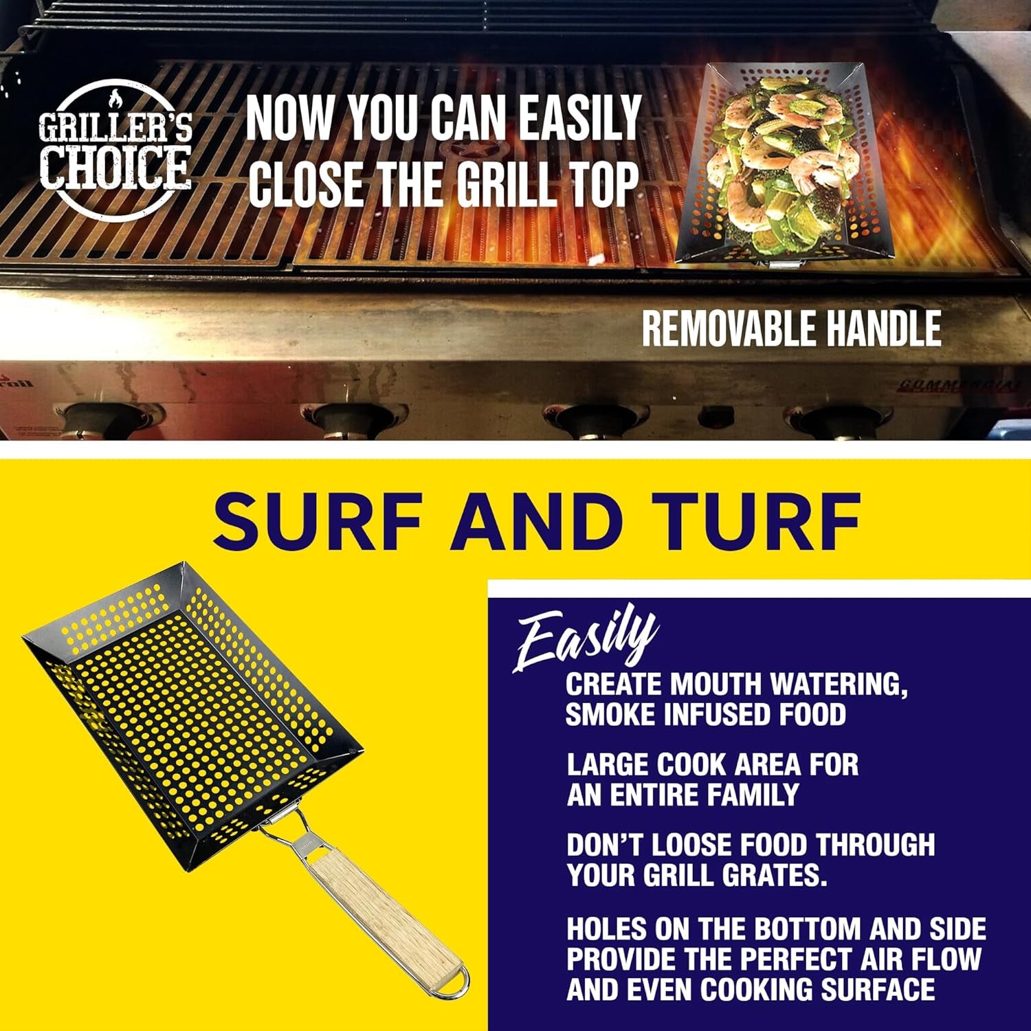 Griller'S Choice Rectangular Grill Basket with Removeable Handle - Large Non-Stick Commercial Basket with Handle for Outdoor Grilling. Designed by Chef. BBQ Judge. BBQ Grill Accessory Grill Pan. - Image 4