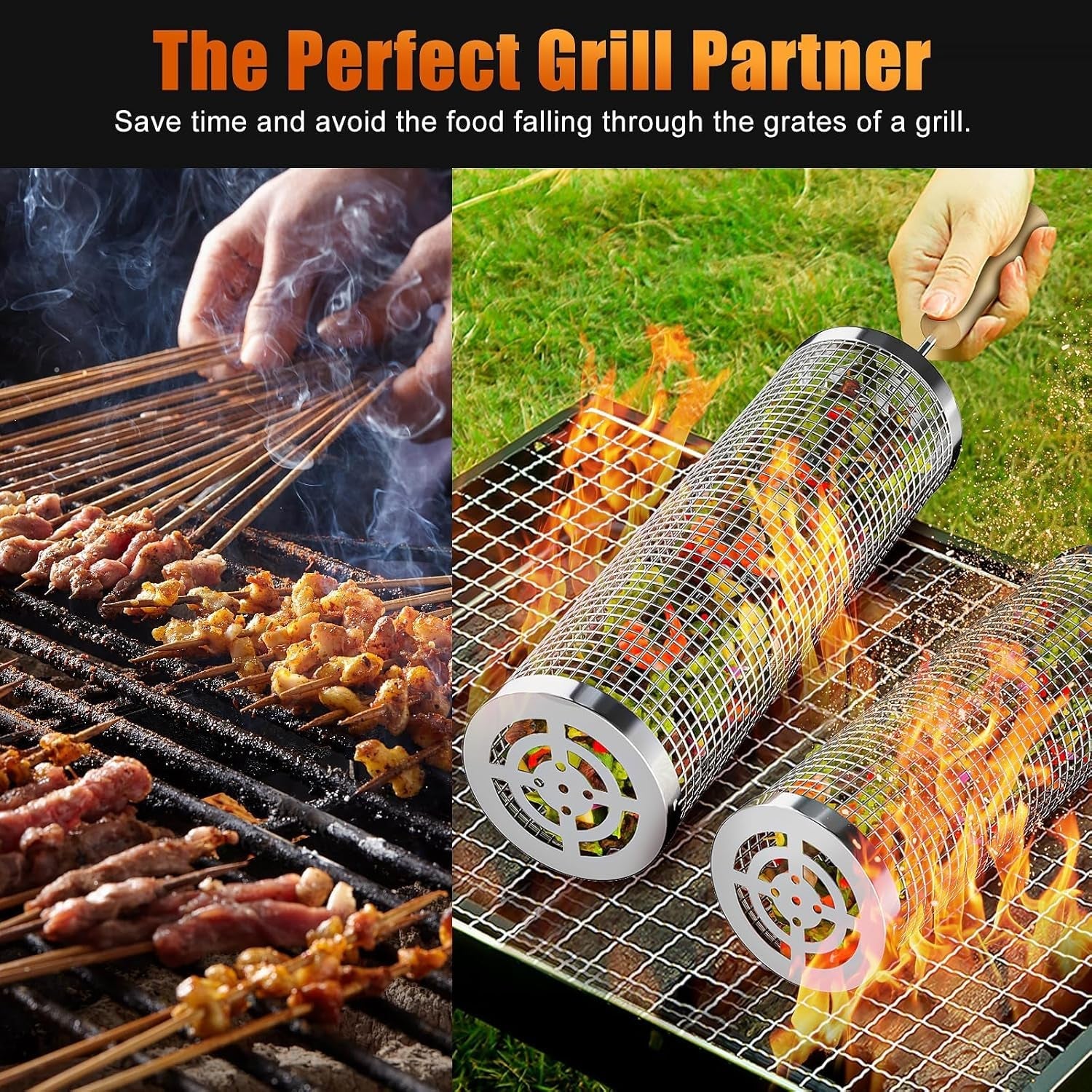 Rolling Grilling Baskets for Outdoor Grill. 2 Pcs BBQ Grill Basket. Stainless Steel Barbeque Grill Accessories Set. Camping Picnic Cooking Tools for Vegetable/Shrimp/Chicken. Gifts for Men Dad Husband - Image 3