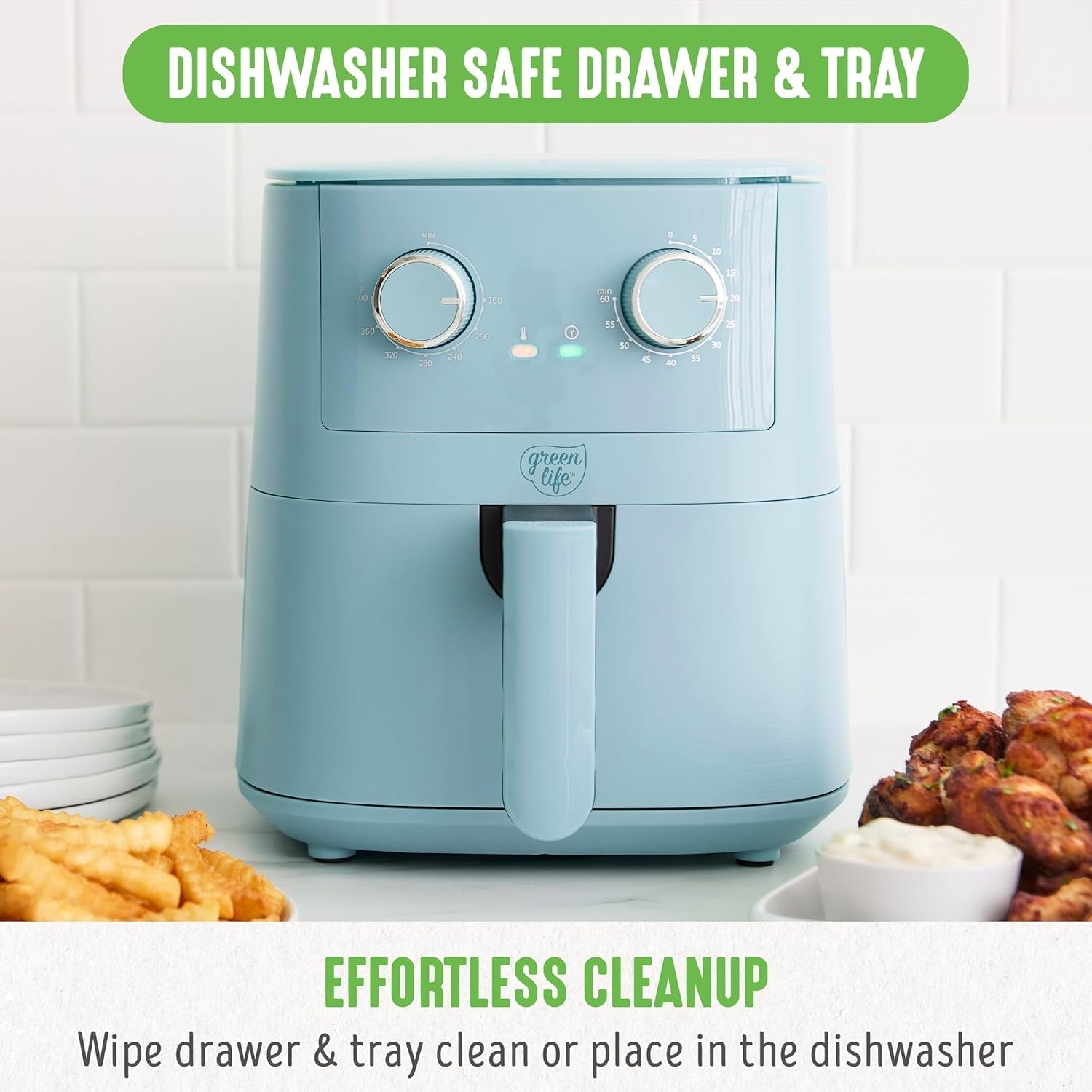 Greenlife 4.5QT Mechanical Air Fryer. Pfas-Free Ceramic Nonstick Crisper Drawer. Adjustable Temperature Timer Dial. LED Indicator. Holiday Gifting. Dishwasher Safe. Kitchen Essential. Blue Haze - Image 7