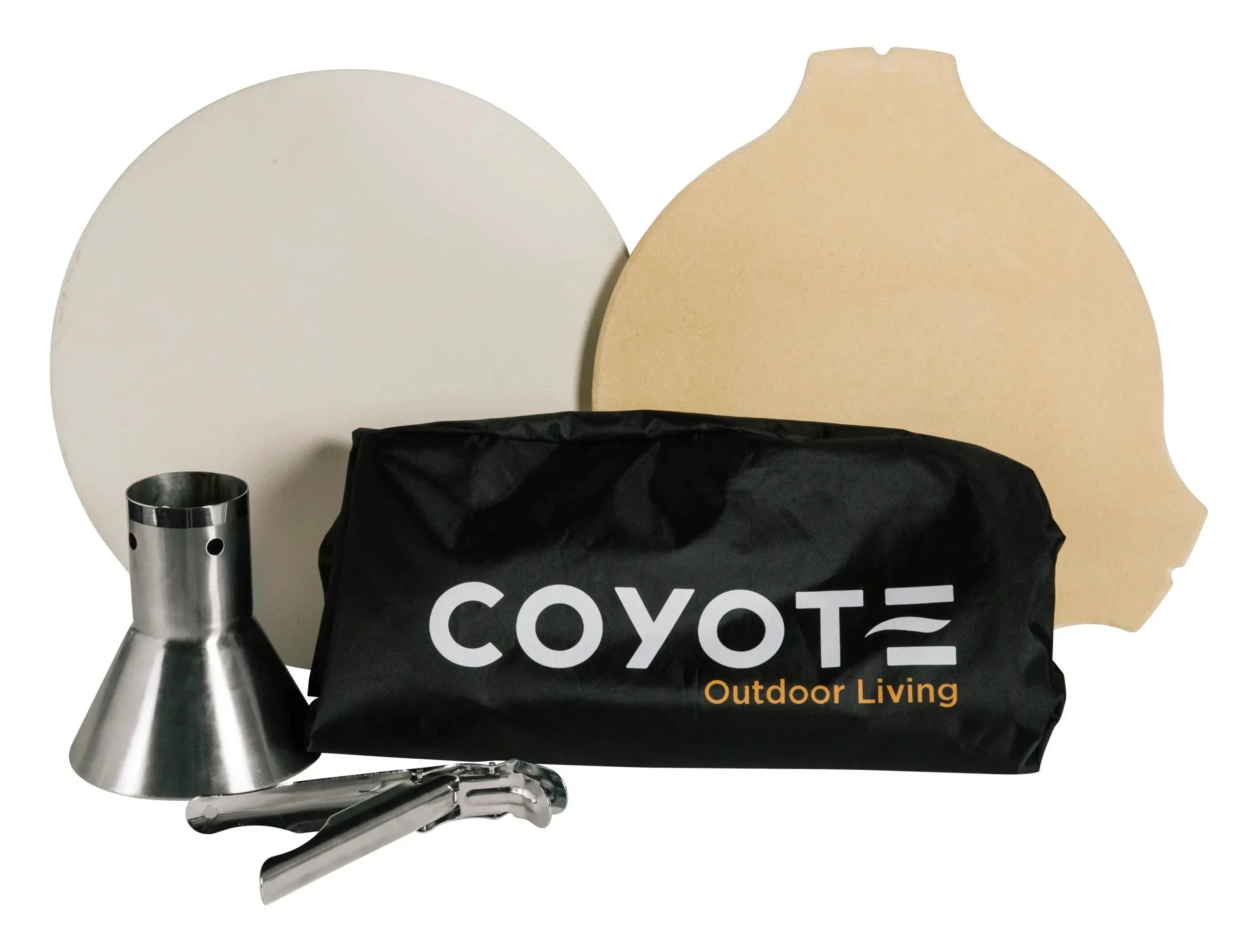 Coyote Asado Accessory Bundle includes Pizza Stone. Heat Deflector. Chicken Throne. Grid Grippers and Cover