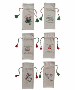 Creative Co-op Christmas Cotton Chambray Printed Drawstring Wine Bag with Tassels