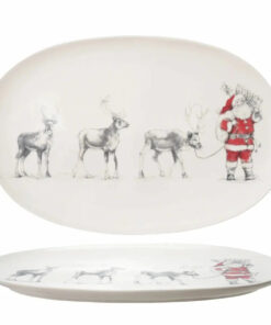 Creative Co-Op Oval Stoneware Serving Platter with Santa Leading Reindeer Image