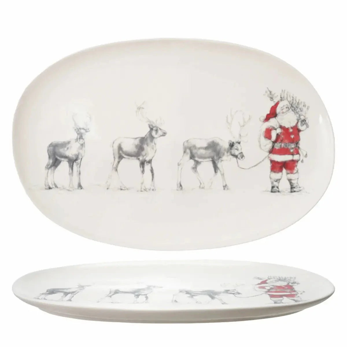 Creative Co-Op Oval Stoneware Serving Platter with Santa Leading Reindeer Image