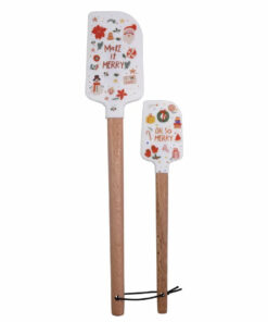 Creative Co-Op Silicone & Wood Spatulas with Holiday Pattern & Leather Tie. Set of 2