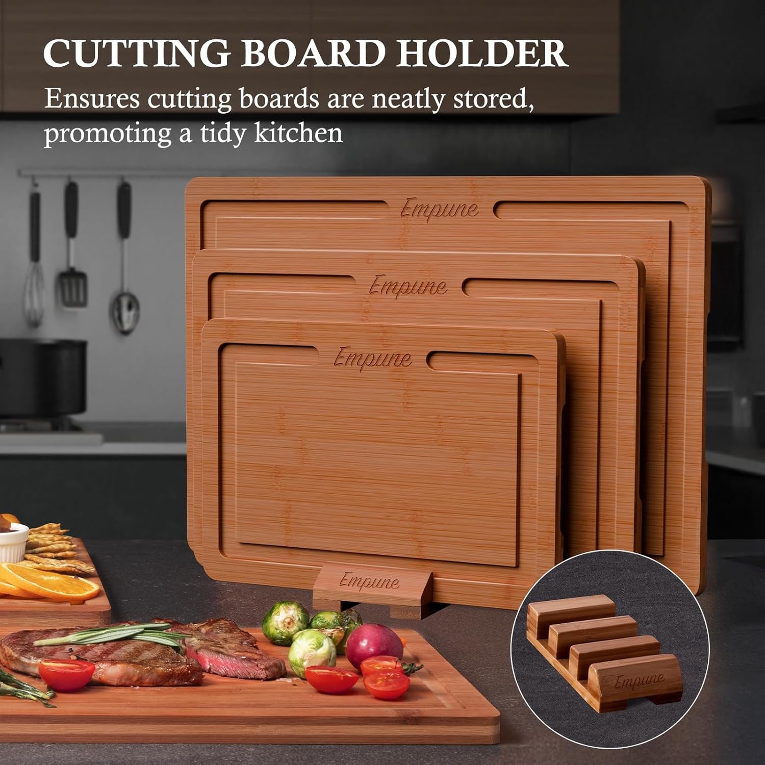 Empune Bamboo Cutting Board Set. Wood Cutting Boards for Kitchen with Holder Wooden Chopping Board for Meal Prep & Serving - Image 5