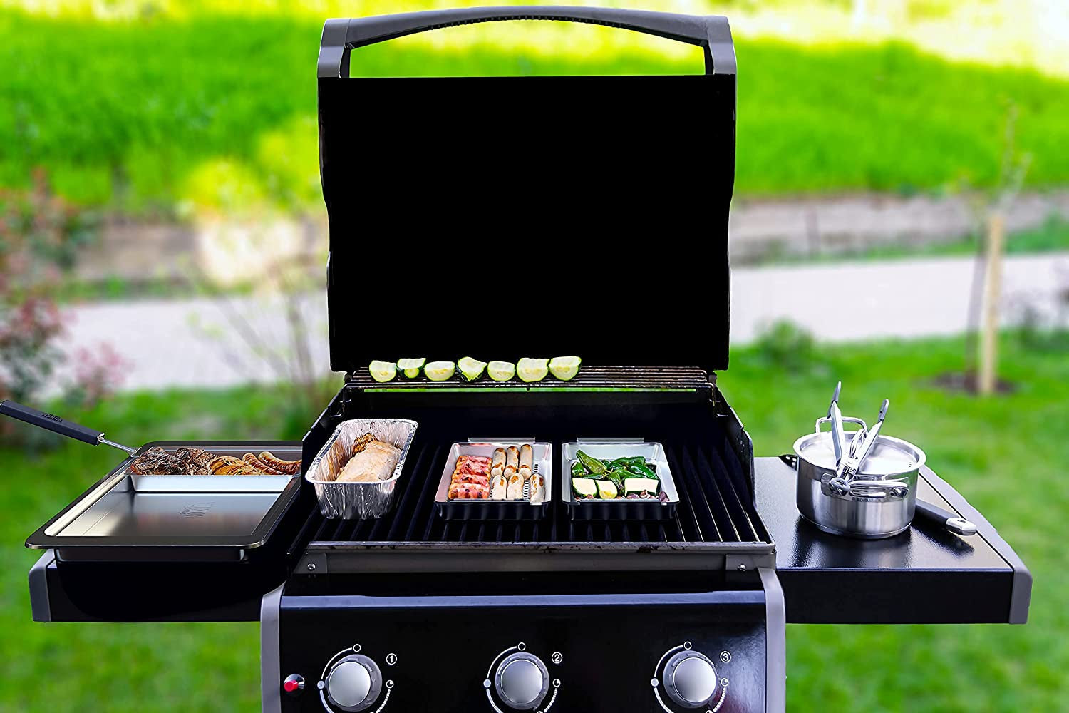 ™ BBQ 'N SERVE Grill Basket Set - Includes 3 Grilling Baskets a Serving Tray & Clip-On Handle - Patented Grill-To-Table Design Perfect for Grilling Fish Veggies & Meats - Image 7