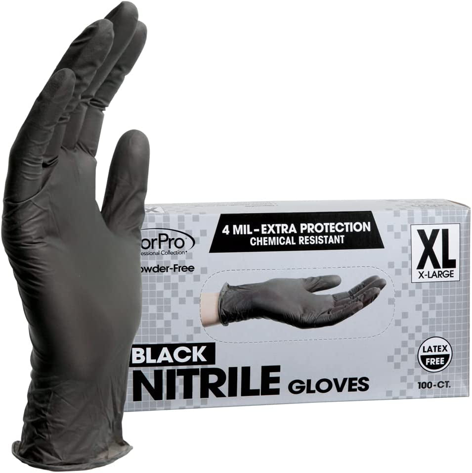 Forpro Disposable Nitrile Gloves. Chemical Resistant. Powder-Free. Latex-Free. Non-Sterile. Food Safe. 4 Mil. Black. X-Large. 100-Count