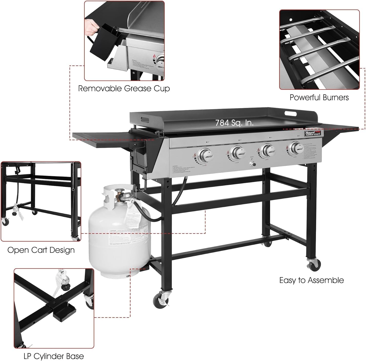 GB4001B 4-Burner Flat Top Gas Grill 52000-BTU Propane Fueled Professional Outdoor Griddle 36Inch Backyard Cooking with Side Table. Black - Image 7