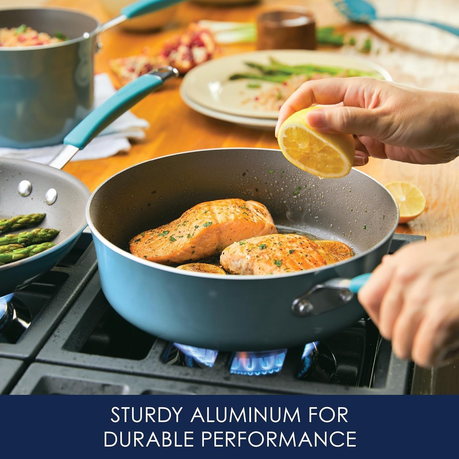 Rachael Ray Cucina Nonstick Cookware Pots and Pans Set. 12 Piece. Agave Blue - Image 3