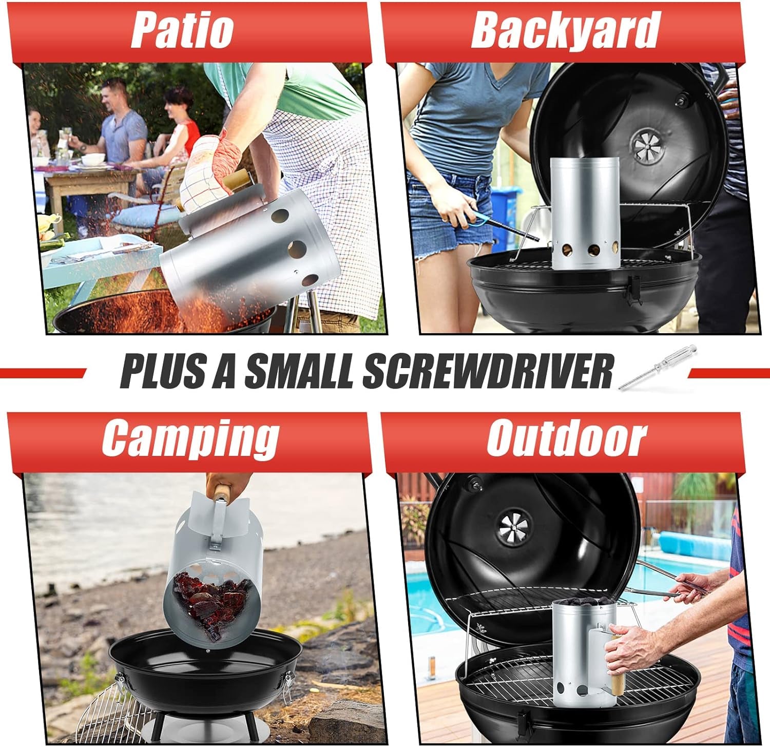 Hasteel Charcoal Chimney. 10.6X6.7 Inch Heavy Duty BBQ Chimney Starter for Outdoor Grilling Barbecue Camping. Quick Rapid Fir Briquette Coal. Heat Resistant Wooden Handle & Screwdriver - Image 6