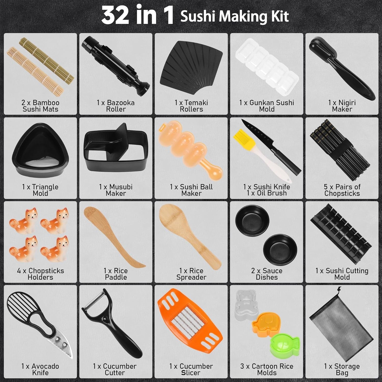 FUNGYAND Sushi Making Kit – 32‑in‑1 Set with Bazooka Roller. Nigiri Press. Bamboo Mats. Rice Molds & More - Image 6