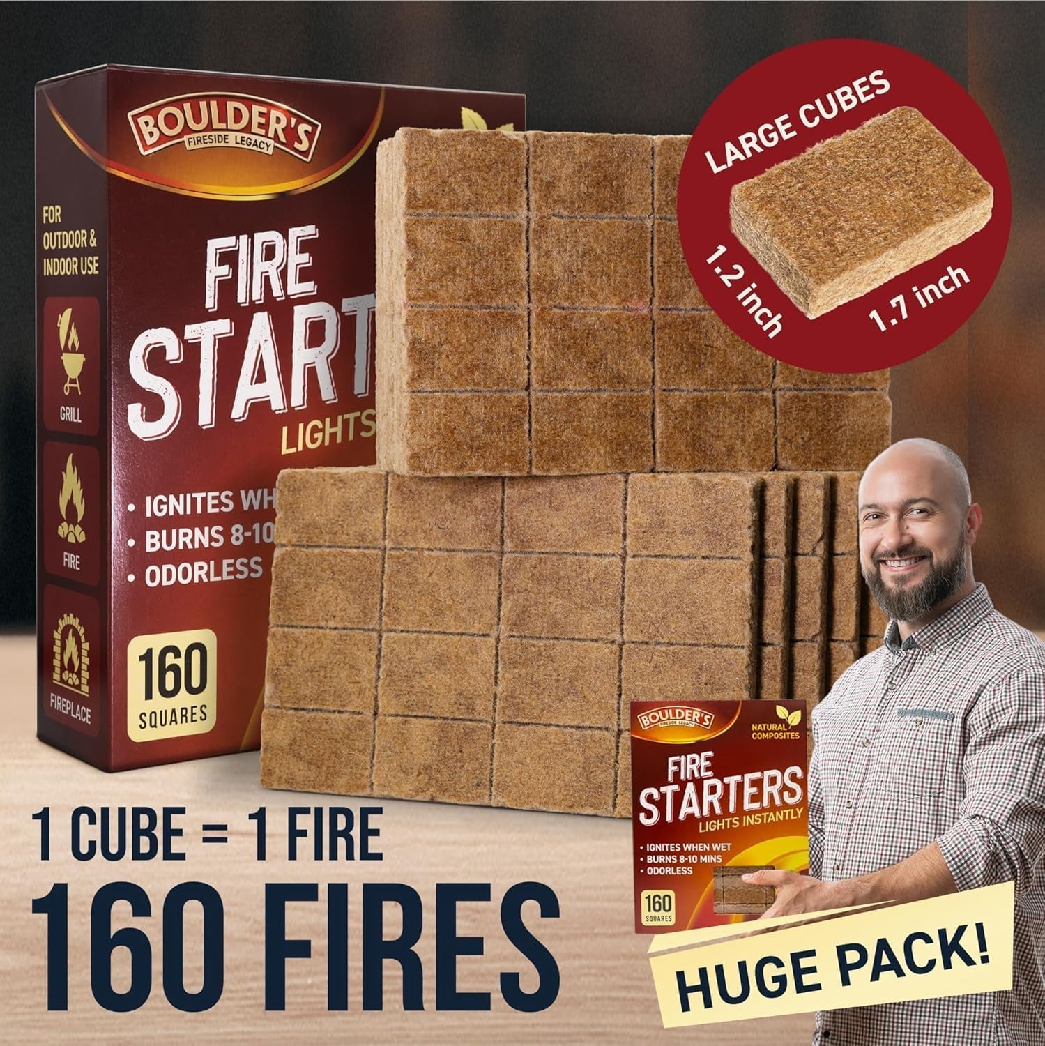 Fire Starter Cubes. 160 Pcs - Bulk Pack - Fast Grill BBQ Charcoal Start - Odorless & Waterproof - Firestarter Squares for Campfire. Outdoor Fire Pit. Wood Stove. Fireplace. Logs - Camping Essentials - Image 2