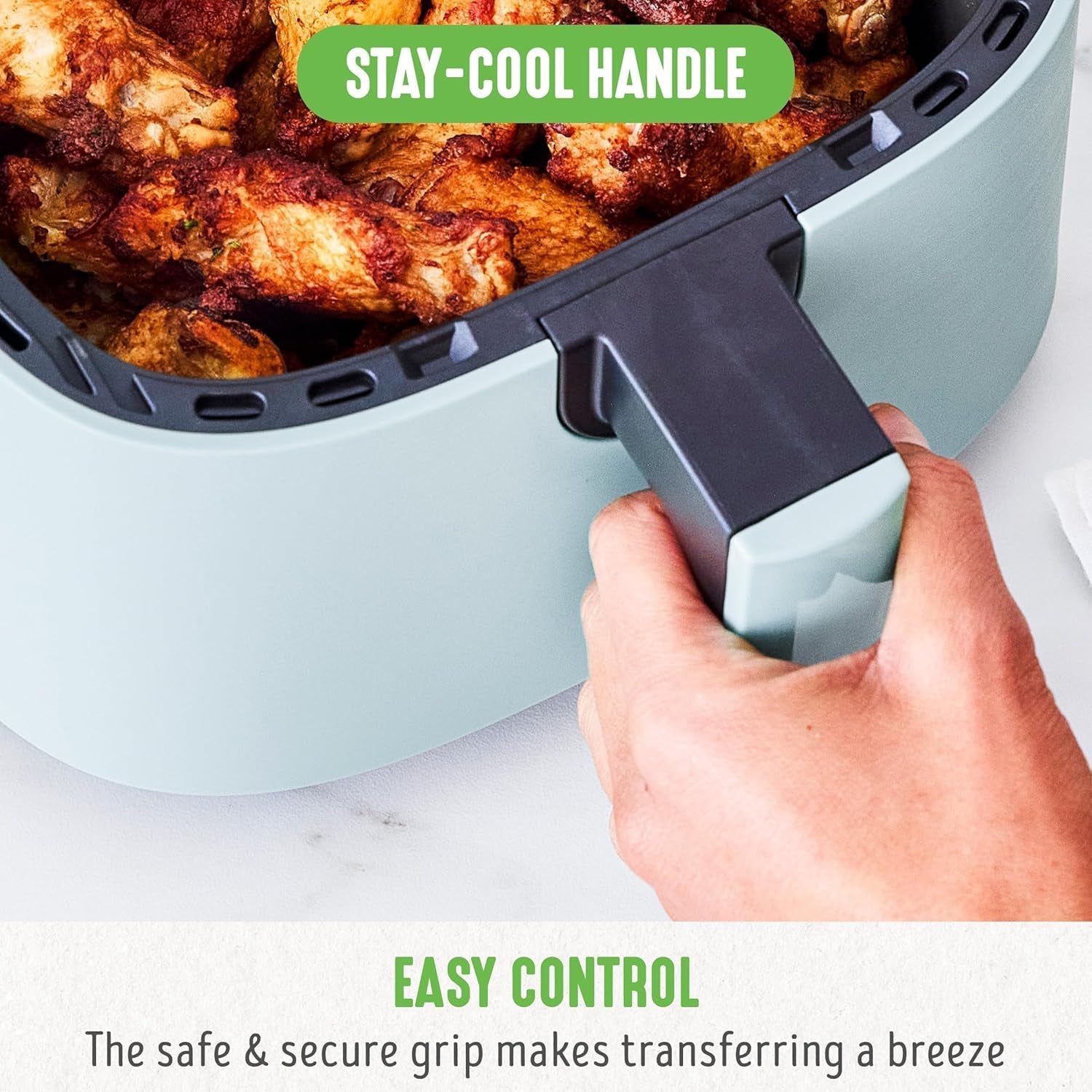 Greenlife 4.5QT Mechanical Air Fryer. Pfas-Free Ceramic Nonstick Crisper Drawer. Adjustable Temperature Timer Dial. LED Indicator. Holiday Gifting. Dishwasher Safe. Kitchen Essential. Blue Haze - Image 6