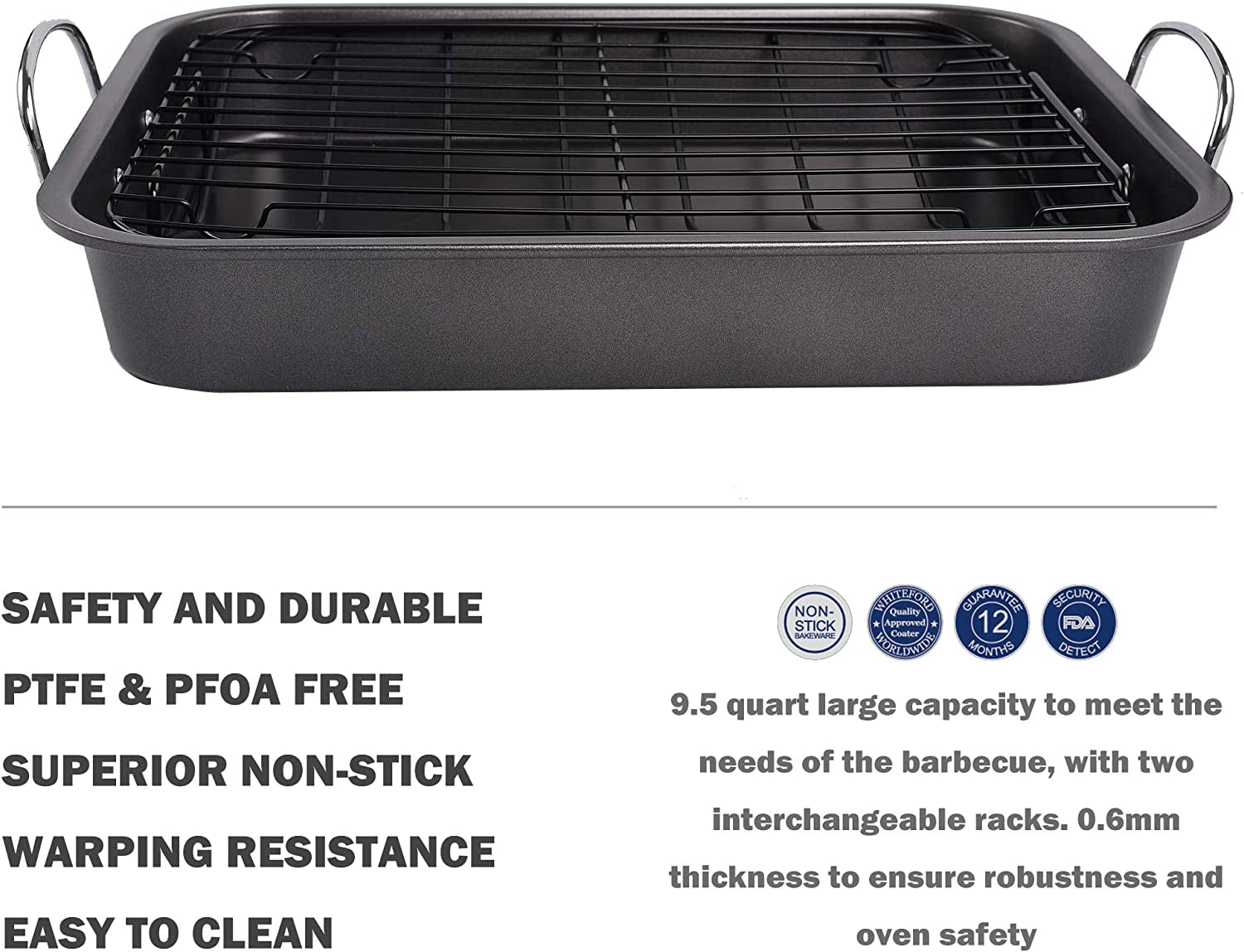 Kitcom Nonstick Roasting Pan. Roaster with Rack - 16 Inch Rectangular Grill Suitable for Turkey. Roast Chicken. Ham. Dishwasher Safe (9.5QT) - Image 5