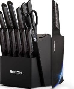 Astercook Knife Set. 15 Pieces Kitchen Knife Sets with Block and Built-In Knife Sharpener. German Stainless Steel Handle One-Piece Design Knives Block Set Dishwasher Safe. Black