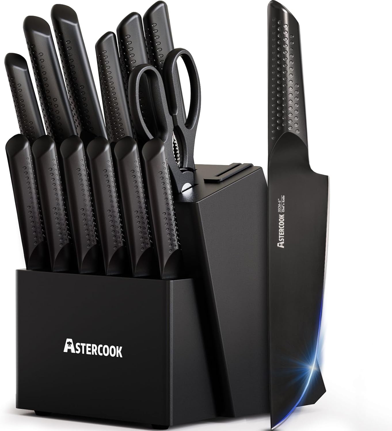 Astercook Knife Set. 15 Pieces Kitchen Knife Sets with Block and Built-In Knife Sharpener. German Stainless Steel Handle One-Piece Design Knives Block Set Dishwasher Safe. Black