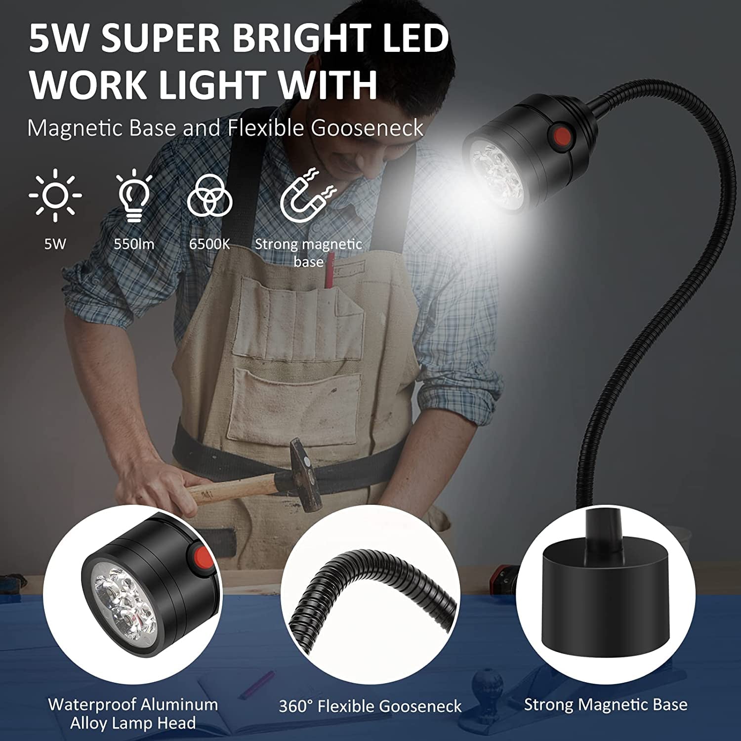 Magnetic Work Light. LED Machine Light with Flexible Gooseneck and Magnetic Base. Shop Tool Lamp for Lathe. Work Bench. Sewing Machine. Grill. Industrial Lighting Black - Image 2