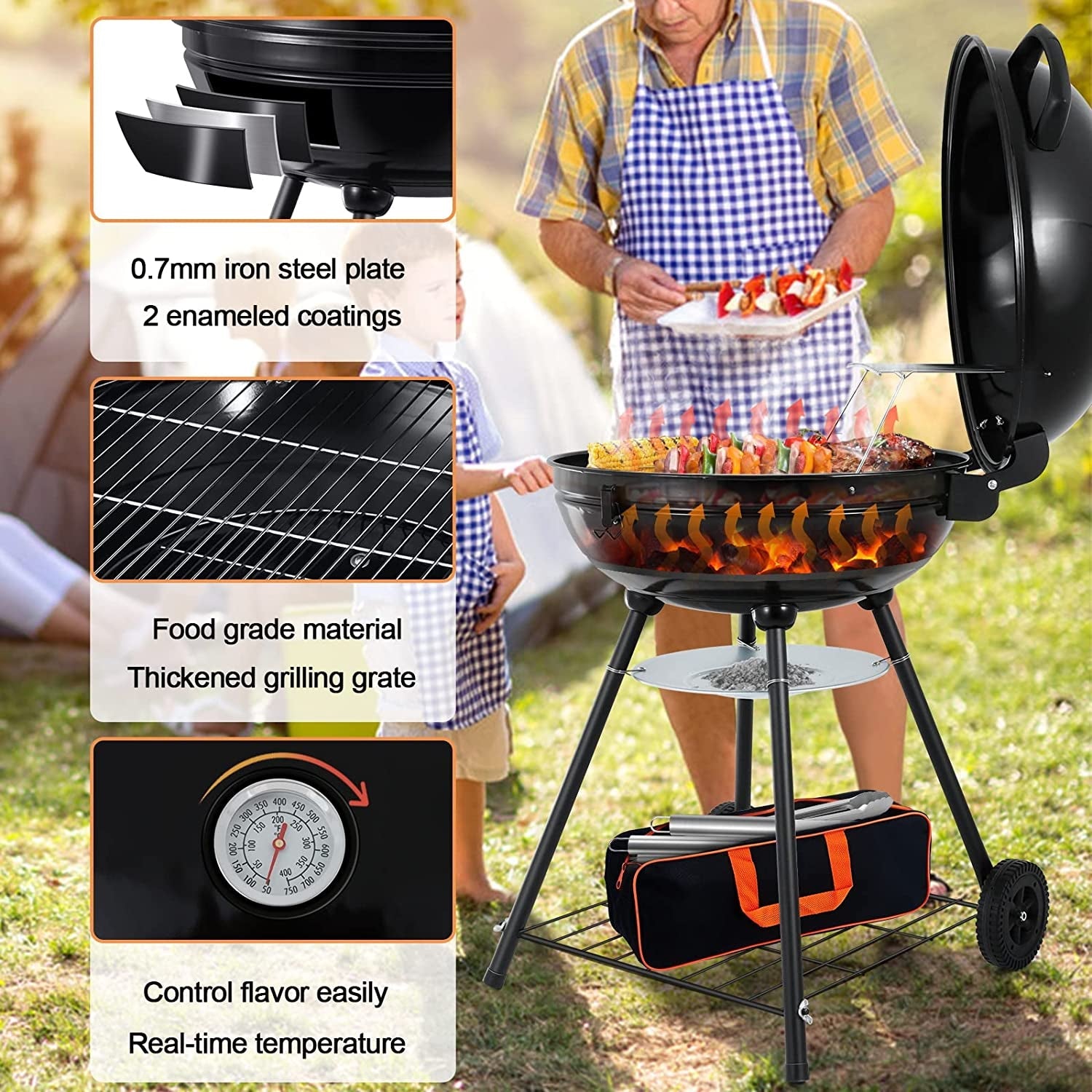 22-Inch Charcoal Kettle Grill Set of 12. Hasteel 2 Layer Grilling Racks Outdoor BBQ Grill. Heavy Duty Large Enameled Grills with Grilling Accessories for Camping Backyard Picnic. Barbecue Spatula - Image 3