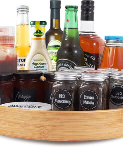 14 Bamboo Lazy Susan Organizer – Round Turntable with Double Handles for Table. Kitchen. Pantry & Spice Storage