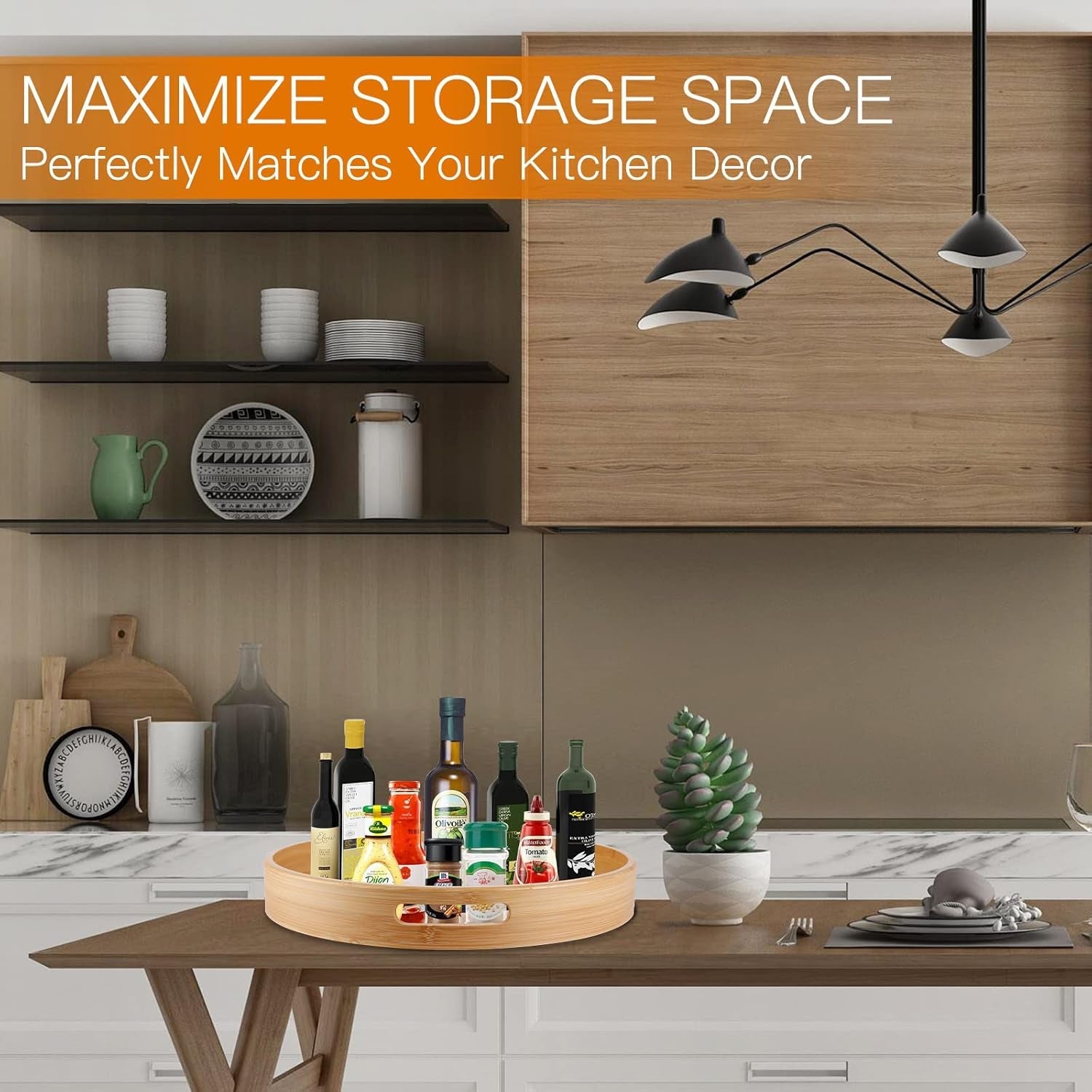 14 Bamboo Lazy Susan Organizer – Round Turntable with Double Handles for Table. Kitchen. Pantry & Spice Storage - Image 7