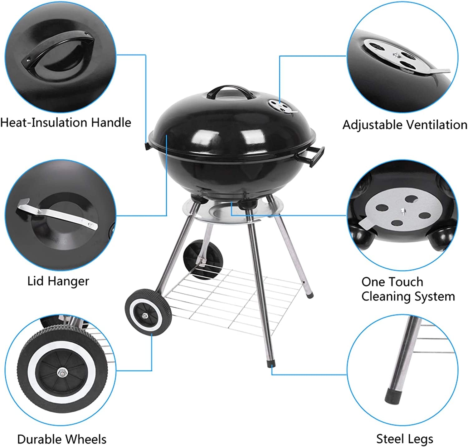 Outvita 18 Inch Portable Charcoal Grill. Stainless Steel BBQ Kettle Charcoal Grill with Wheels and Storage Holder for Camping. Picnic. Barbecue. Party. Outdoor Activities - Image 4