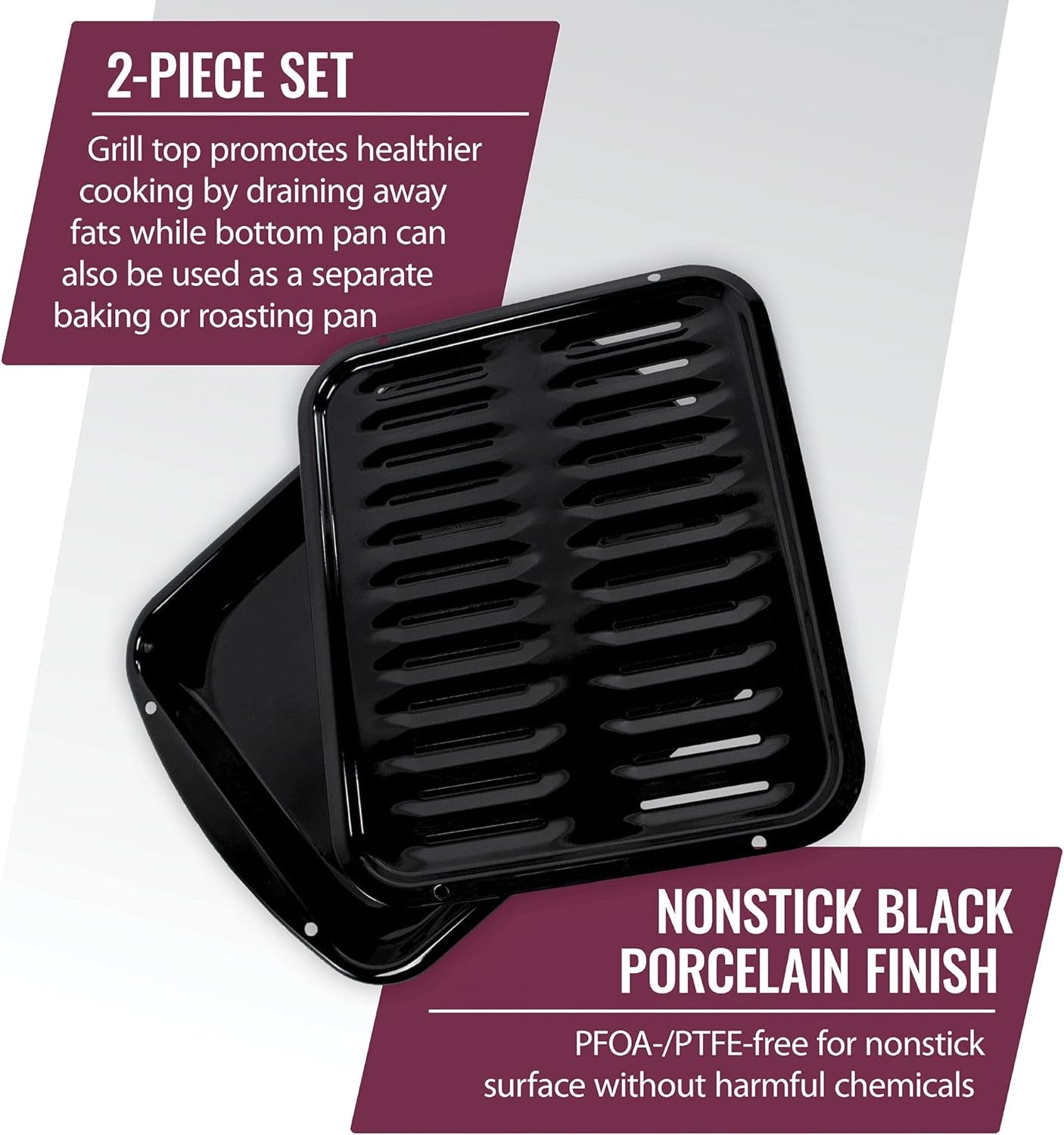 SPL50016 Large 2-Piece Broiler Pan & Grill Set Porcelain-On-Steel 16-1/2X12-3/4X1-3/4 Broiler Pan for Oven. Black - Image 2