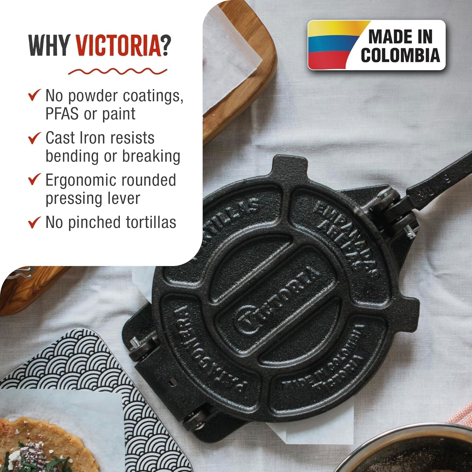 Victoria 8 Inches Cast Iron Tortilla Press. Roti Maker and Tortilladora. Pataconera Seasoned with Flaxseed Oil. Made in Colombia - Image 2