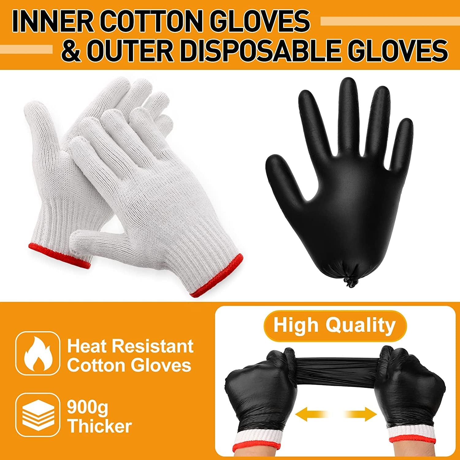 200 Pcs Disposable BBQ Gloves with 4 Pairs Cotton Liners Grilling Gloves BBQ Cooking Gloves(Black. White. Large) - Image 3