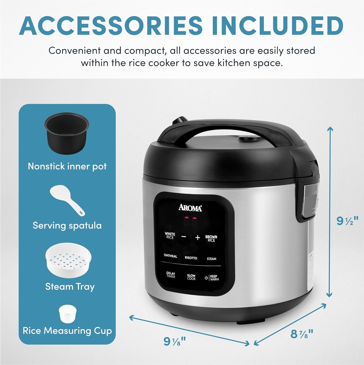 AROMA® Digital Rice Cooker. 4-Cup (Uncooked) / 8-Cup (Cooked). Steamer. Multicooker. Slow Cooker. Oatmeal Cooker. Auto Keep Warm. 2 Qt. Stainless Steel Exterior - Image 6