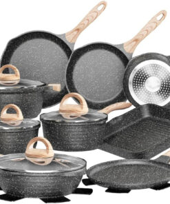 JEETEE Pots and Pans Set Nonstick 23Pcs. Healthy Kitchen Cookware Sets. Induction Cooking Set W/Gray Granite Stone Frying Pans. Saucepans. Sauté Pan. Griddle Pan & Crepe Pan (PFOA Free)