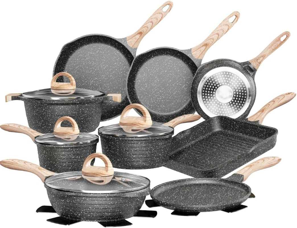 JEETEE Pots and Pans Set Nonstick 23Pcs. Healthy Kitchen Cookware Sets. Induction Cooking Set W/Gray Granite Stone Frying Pans. Saucepans. Sauté Pan. Griddle Pan & Crepe Pan (PFOA Free)