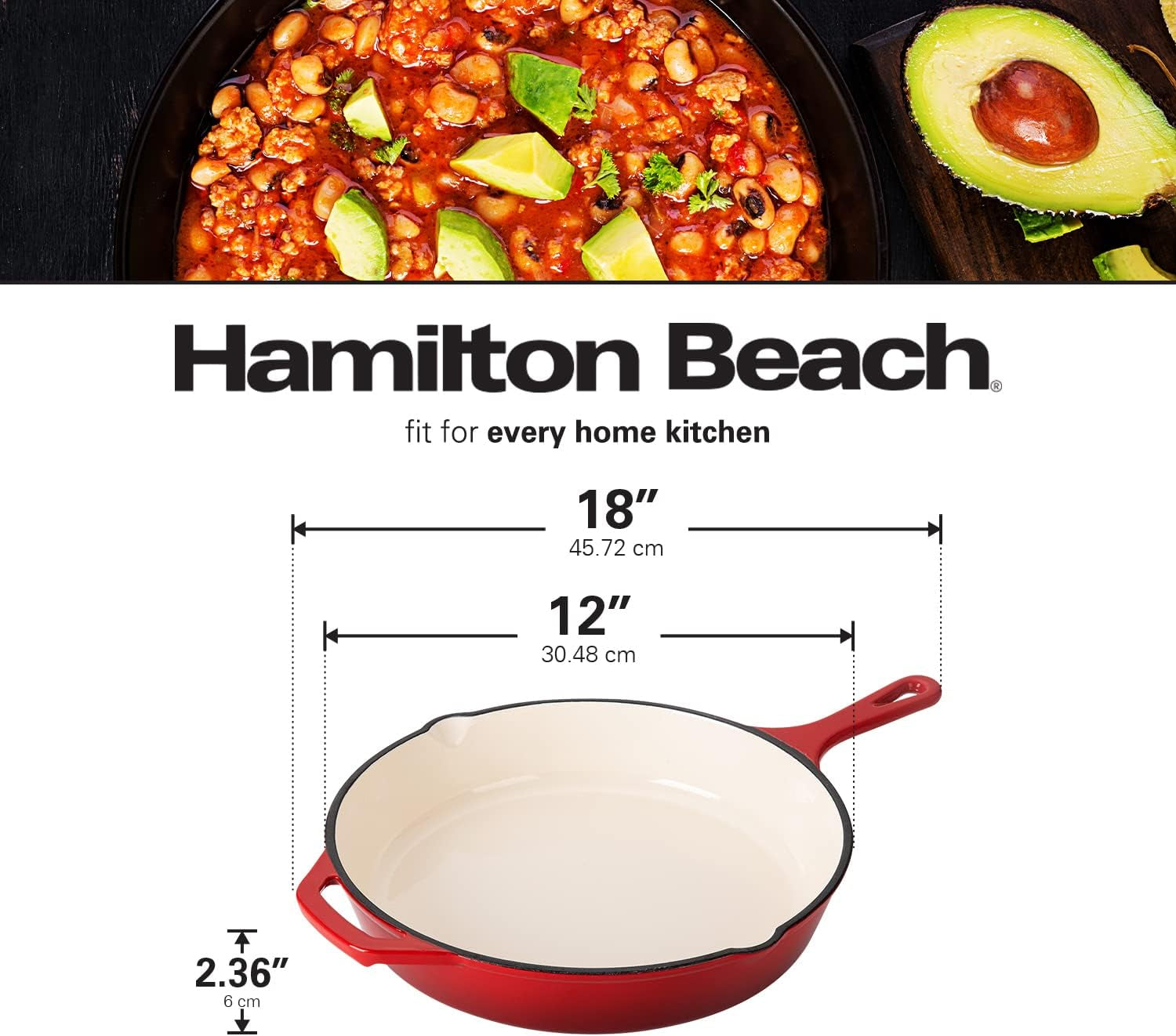Hamilton Beach Enameled Cast Iron Fry Pan 12-Inch Red. Cream Enamel Coating. Skillet Pan for Stove Top and Oven - Image 6