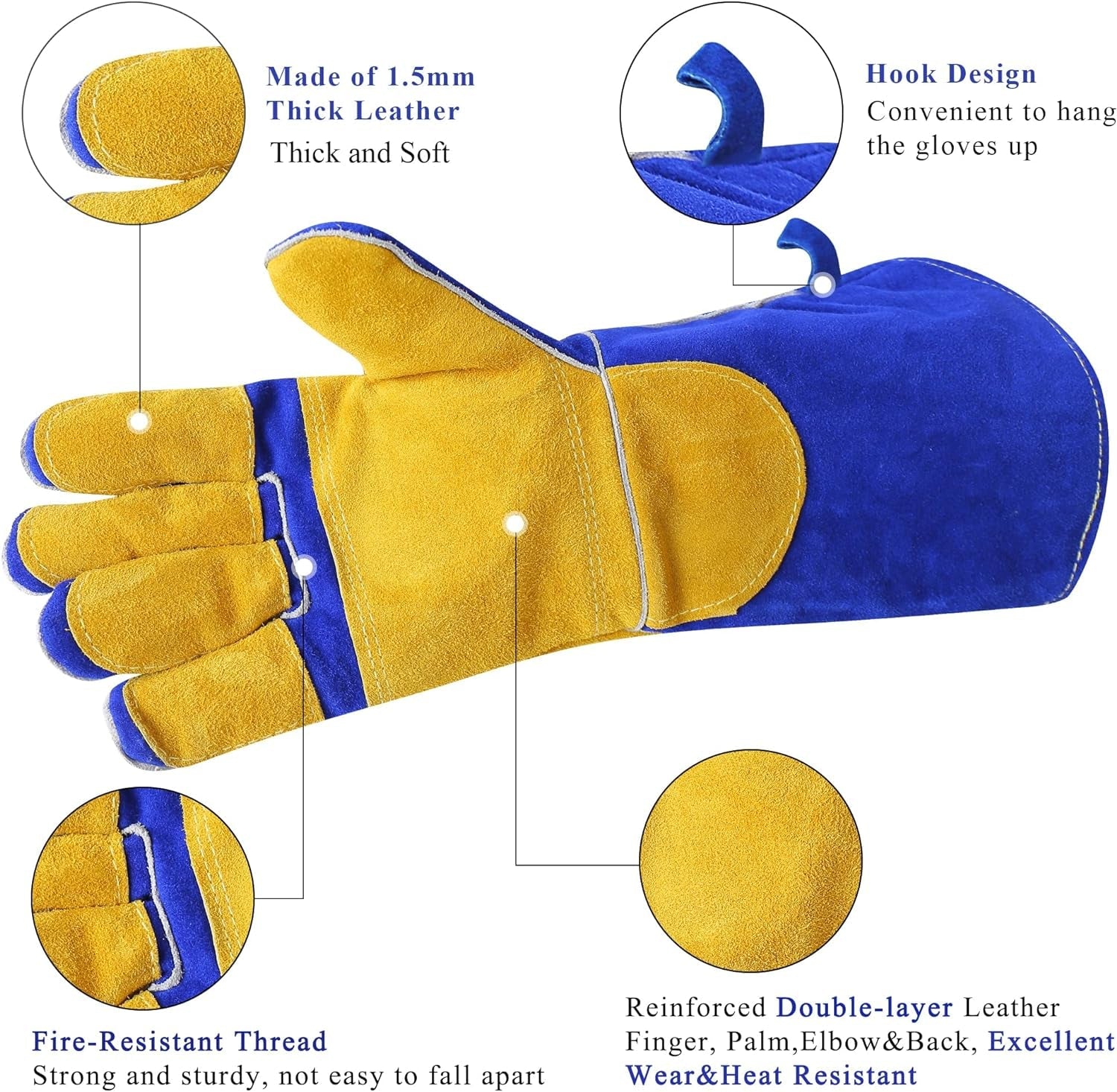 Welding Gloves Blue 16 Inches.932℉. Leather Forge/Mig/Stick Welding Gloves Heat/Fire Resistant. Mitts for Oven/Grill/Fireplace/Furnace/Stove/Pot Holder/Bbq/Animal Handling - Image 6
