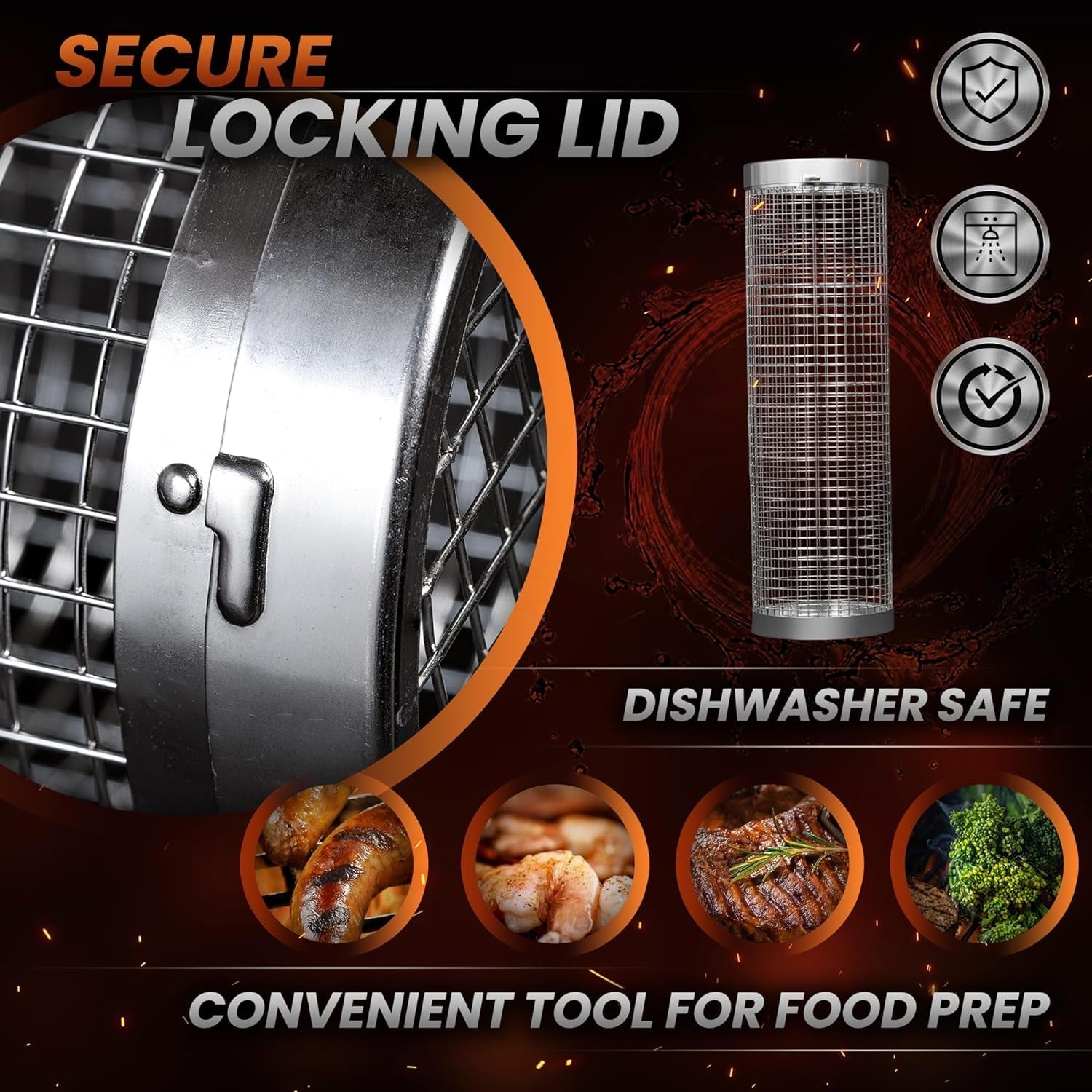 Rolling Grill Basket Set - Two BBQ Grilling Baskets. One Oil Brush. Fork and Hook. BBQ Grilling Accessories Set - Perfect Grill Accessories for Outdoor Grill or Campfire Grill Grate. Grill Pan Grill Tools Grilling Gifts - Image 3