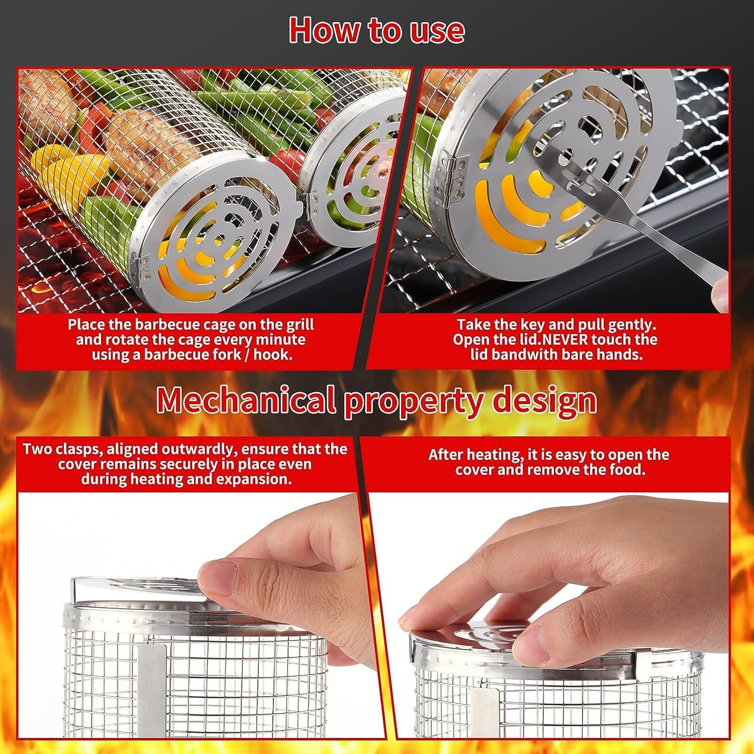 Rolling Grilling Baskets for Outdoor Grill Bbq .Stainless Steel Grill Mesh Barbeque Grill Accessories.Outdoor round BBQ Stainless Steel Grill Basket Campfire Grill Grid - Camping Picnic Cookware (2Pc-12.2In*3.9In+11.8In*3.5In) - Image 3