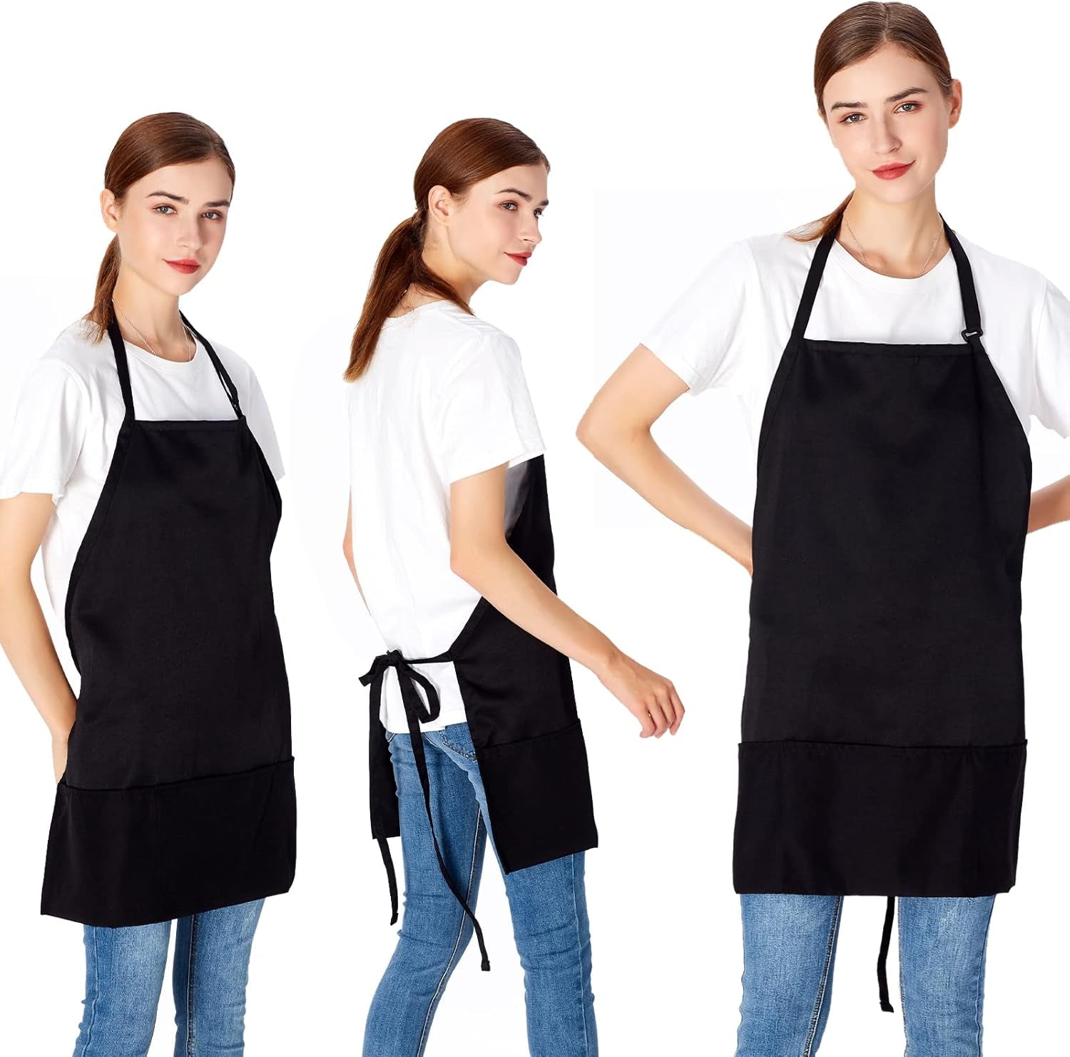 Jubatus 2 Pack 3 Pockets Adjustable Bib Apron Chef Kitchen Cooking Aprons for Women Men. Black - Image 3