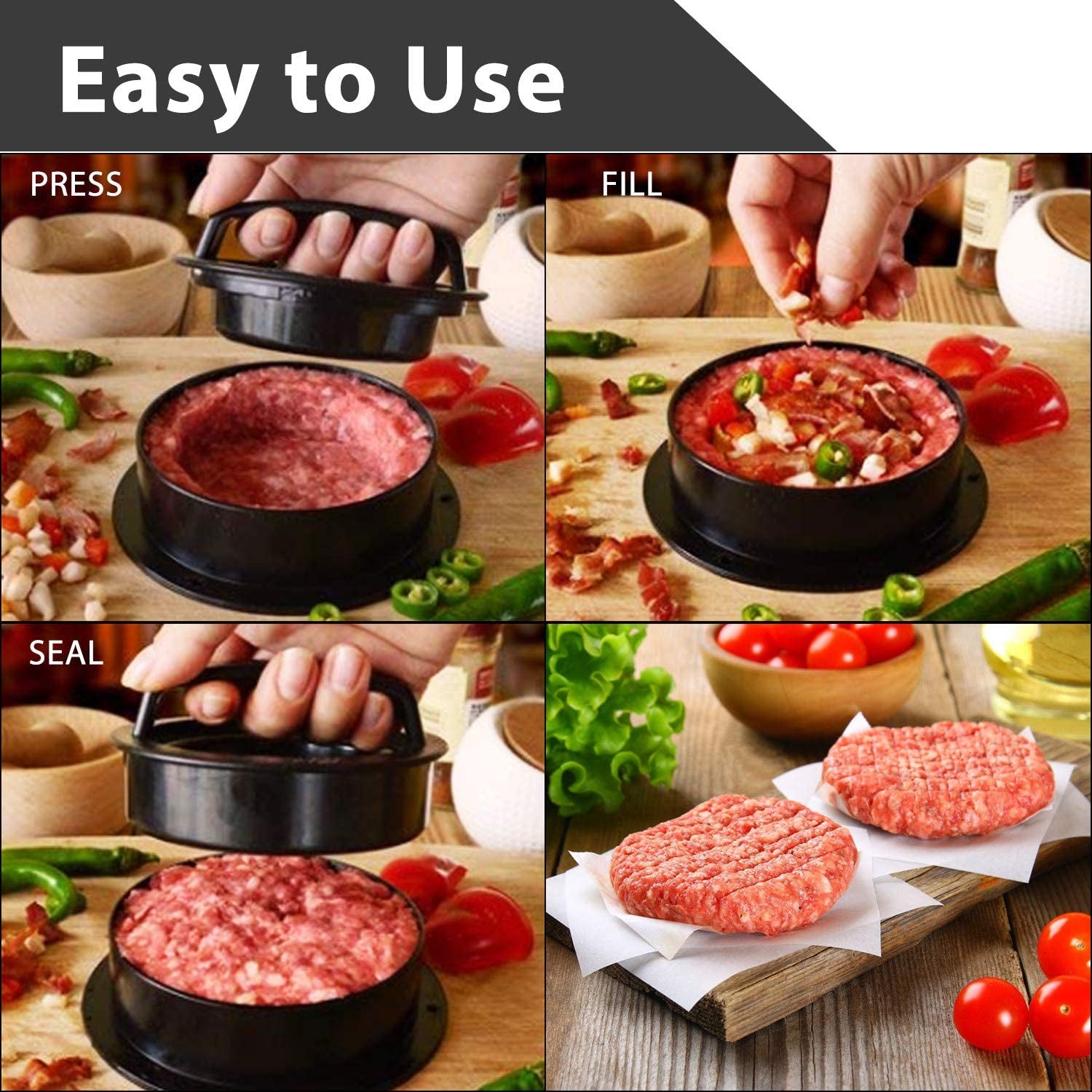 TAOUNOA Hamburger Press Patty Maker. 3 in 1 Non-Stick Burger Press with 100 Pcs Wax Paper for Making Delicious Burgers. Perfect Shaped Patties for Grilling and Cooking - Image 5