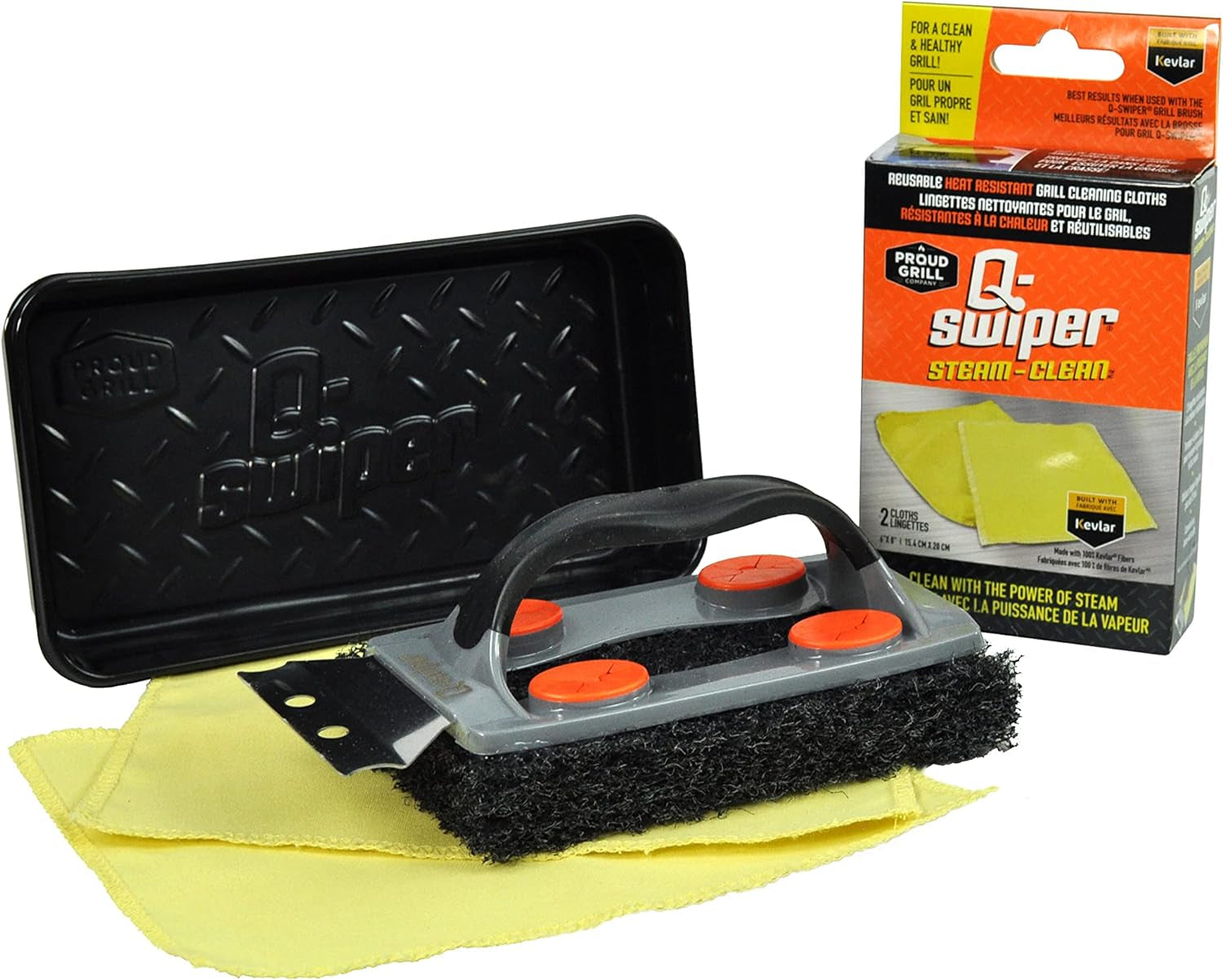 Q-Swiper Steam Clean BBQ Grill Cleaner Set - 1 Grill Brush with Scraper. 2 Heat Resistant Kevlar® Cloths. 1 Tray | Bristle Free | Safe Way to Steam Away Grill Grease & Grime