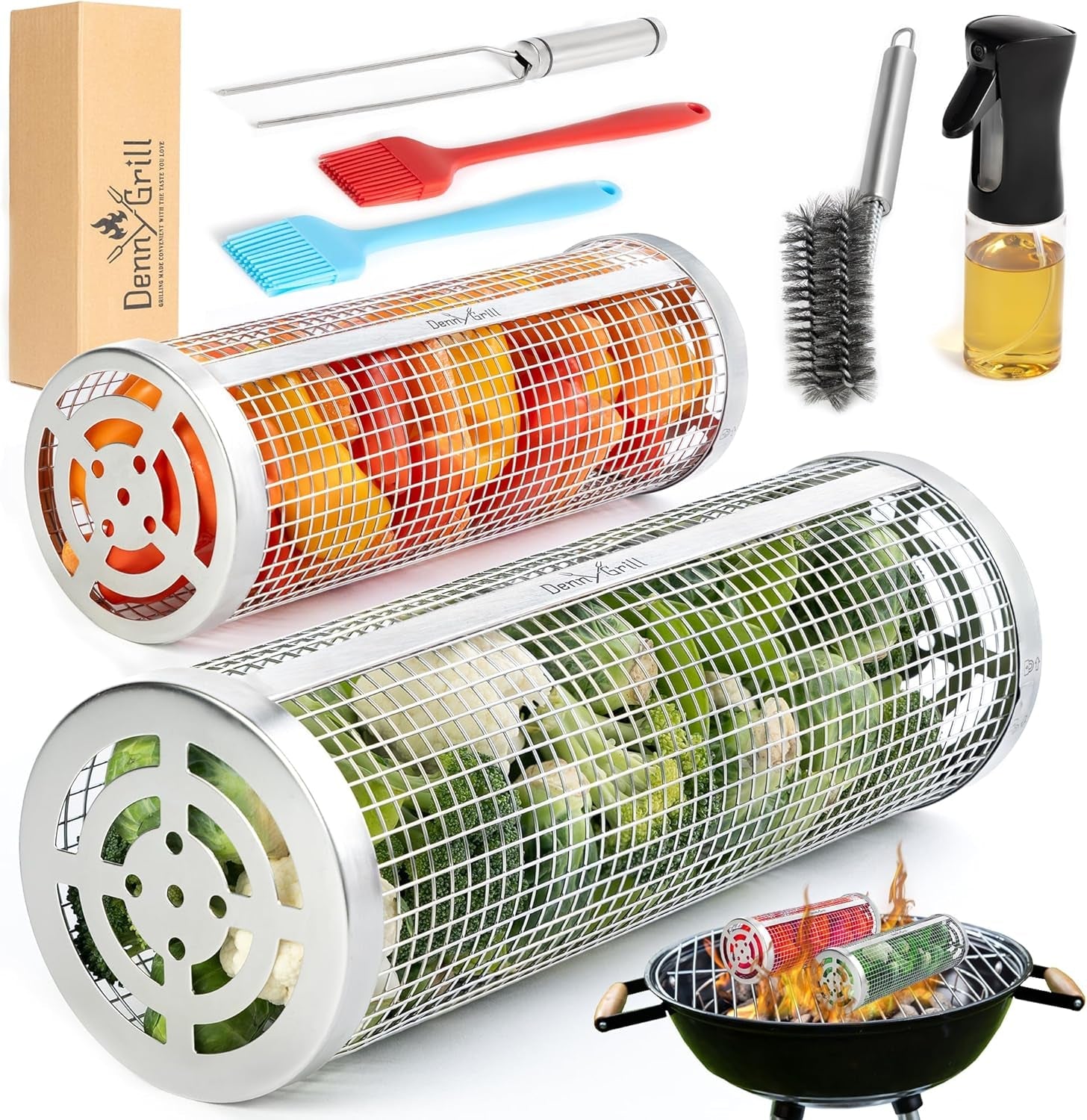 Baskets for Outdoor (2PCS. 2024 Upgraded) - Rolling Grilling Barbecue 360 Cylinder Accessories for Cooking Vegetables Fish Meat BBQ Outdoor - 304 Stainless Steel Basket Cool Thing for Gift for Men and Camping - Image 8