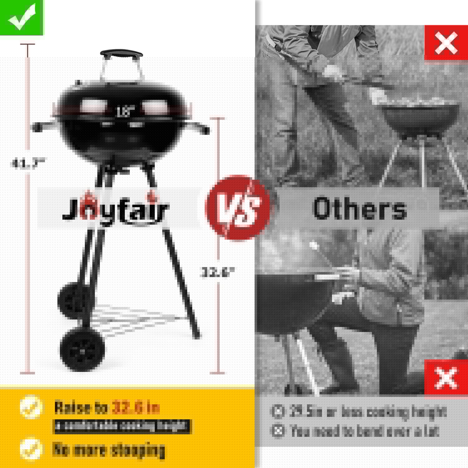 Joyfair Kettle Charcoal Grill (18 Inch). Outdoor Barbecue Grill for Camping/Backyard/Tabletop Grilling. Portable round Smoker with Wheels. Enameled Lid & Fire Bowl. Dual Venting System. Black - Image 2
