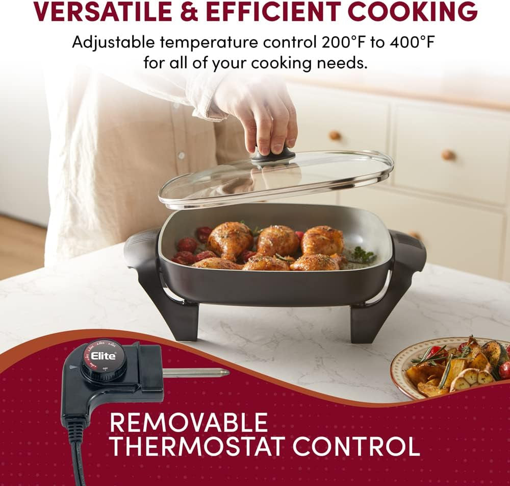 Elite Gourmet EG2212 12X12X2.15 Ceralast™ PFAS Free Ceramic Electric Skillet. Dishwasher Safe. Rapid Heat Up. 1200W. Dark Grey - Image 6