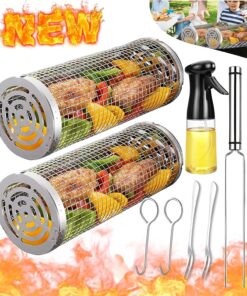 Rolling Grilling Baskets for Outdoor Grill Bbq Net Tube Stainless Steel Large round Mesh Rotation Barbecue Cylinder Cage Cooking Accessories for Veggies Vegetable Fish Meat Food Camping. Gift for Men